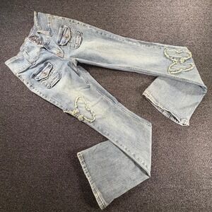 Hot Topic Distressed High Rise Flare Jeans Womens 9 Light Wash Cargo Patchwork